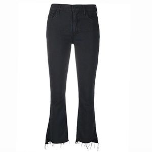 MOTHER high rise stretchy flared black jeans with frayed bottoms